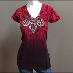 Red and burgundy ombre affliction shirt.