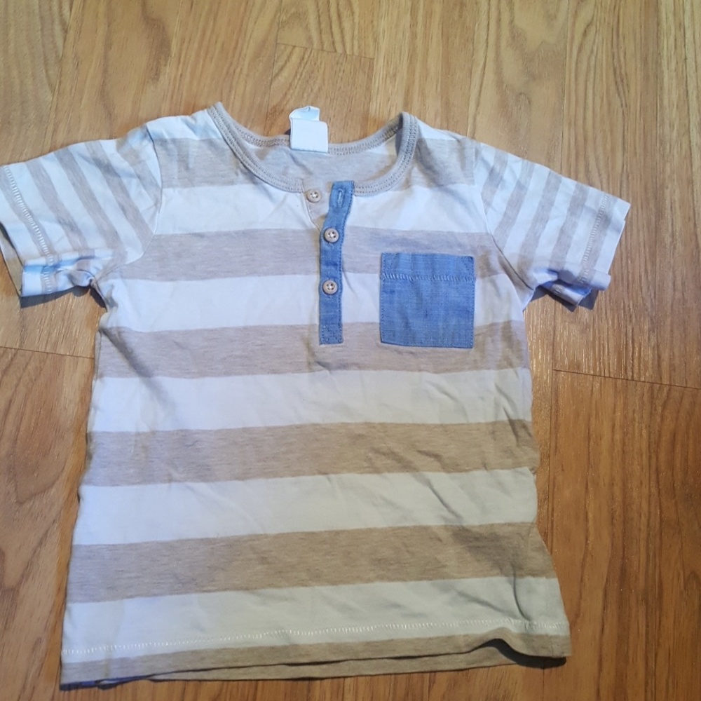 Boys tan and white shirt with denim pocket