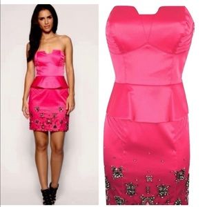 Karen Millen Strapless Fuchsia Beaded Dress Pink