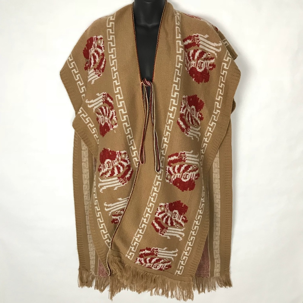 Women's Poncho Shawl Tan Red & White Aztec Print
