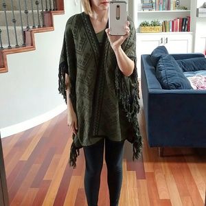 Olive Green Fringe Poncho