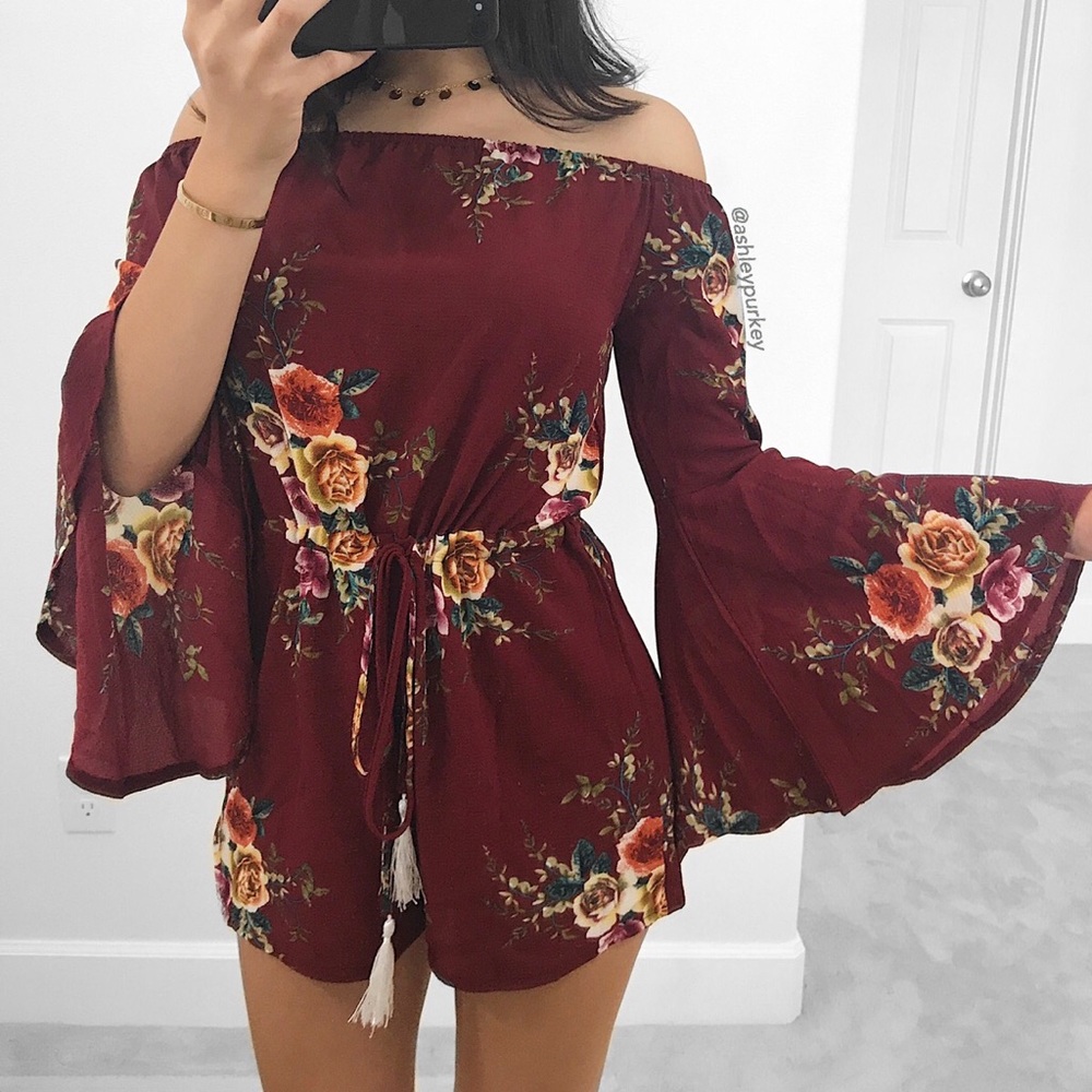 maroon floral off the shoulder bell sleeve romper - Picture 2 of 4