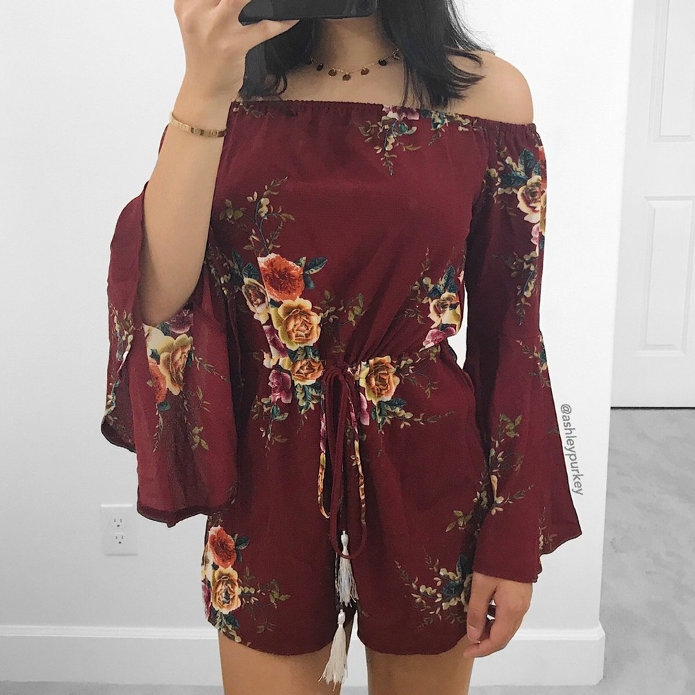 maroon floral off the shoulder bell sleeve romper - Picture 3 of 4