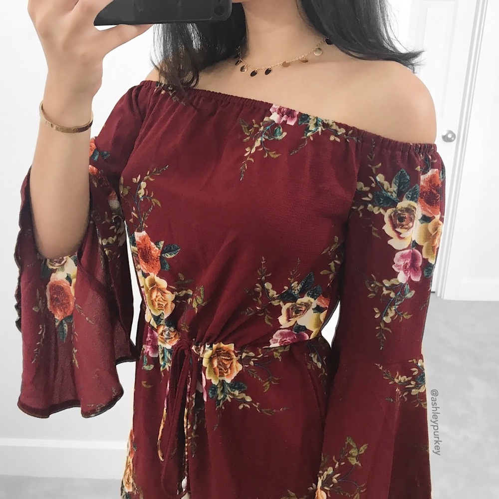maroon floral off the shoulder bell sleeve romper - Picture 4 of 4