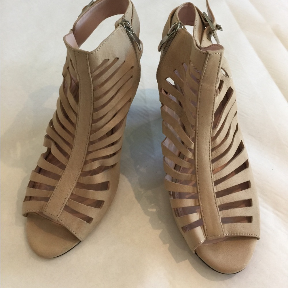 Beige sandal bootie stacked heel zip and buckle 9M