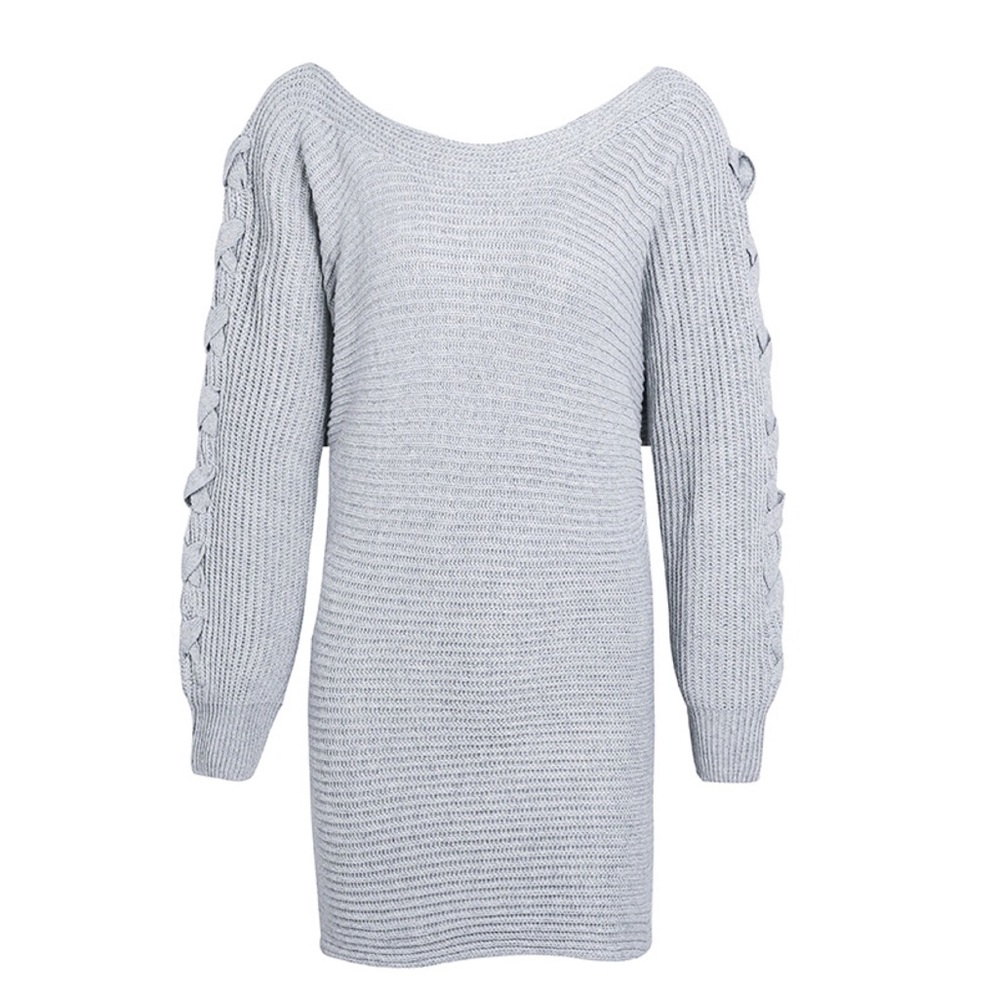 Braided Sleeve Off Shoulder Chunky Sweater Dress - Picture 3 of 6