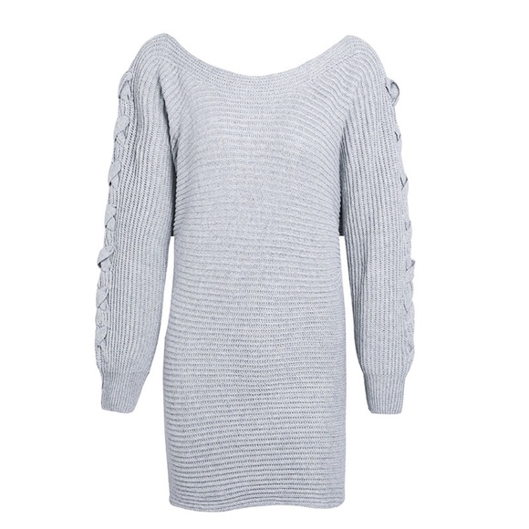 Braided Sleeve Off Shoulder Chunky Sweater Dress - Picture 3 of 6