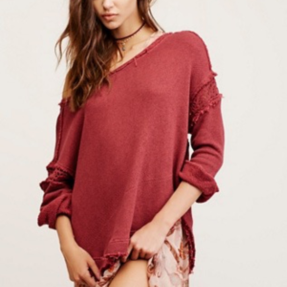 FP Distressed Pullover Crochet Sweater