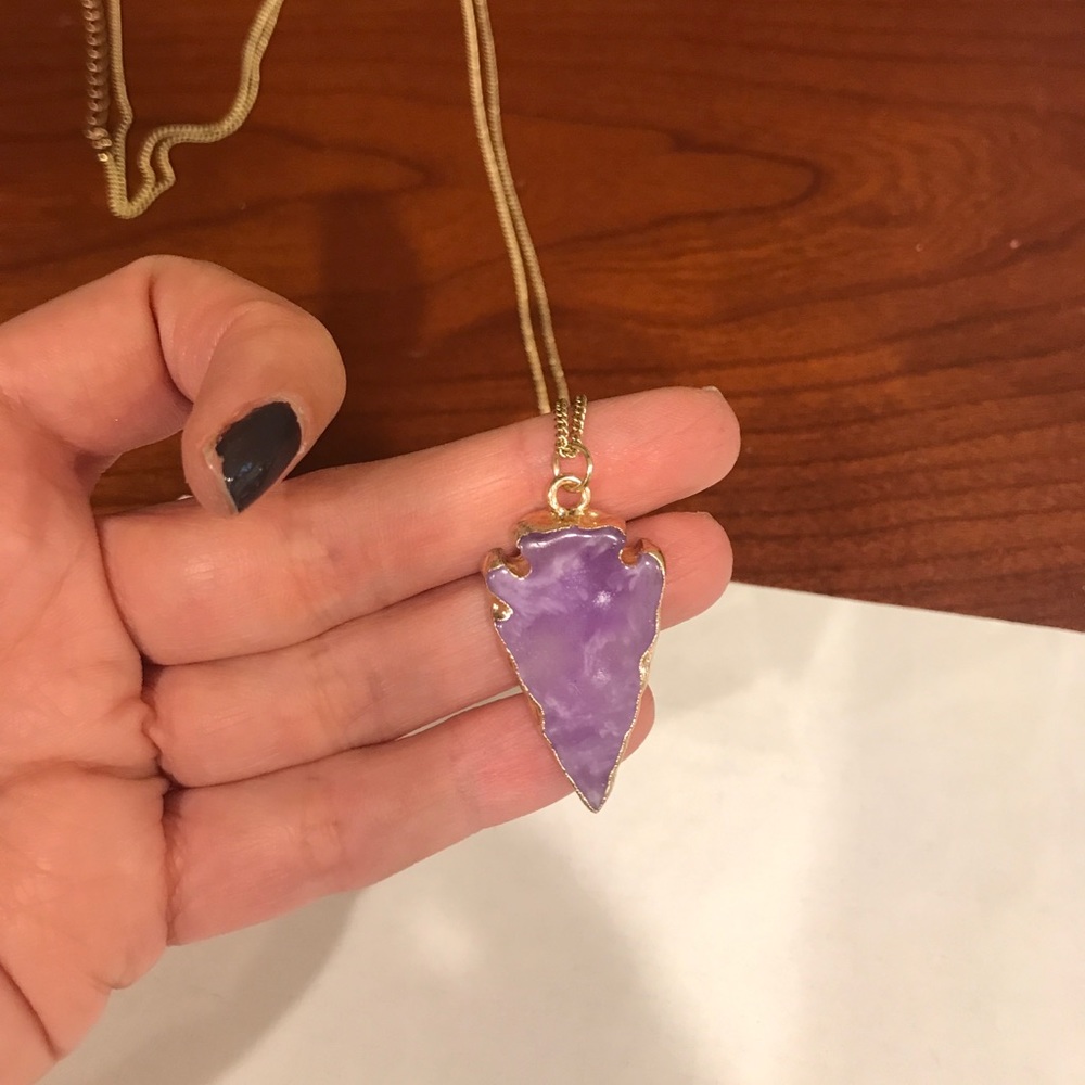 Purple gem stone arrow necklace. Costume jewelry.