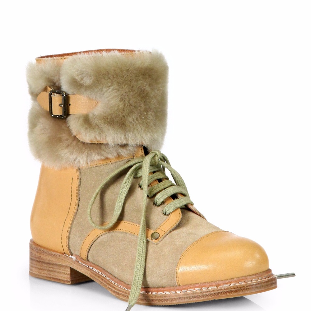 See by Chloe Leather & Fur Cuff Lace-Up Boots