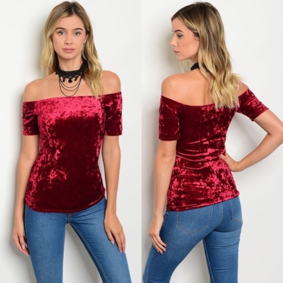 *Last One* Wine Crushed Velvet off-shoulder top - Picture 2 of 4