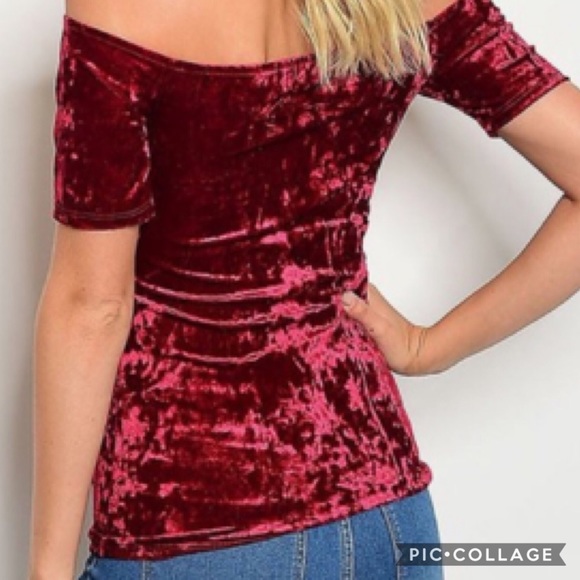 *Last One* Wine Crushed Velvet off-shoulder top - Picture 3 of 4