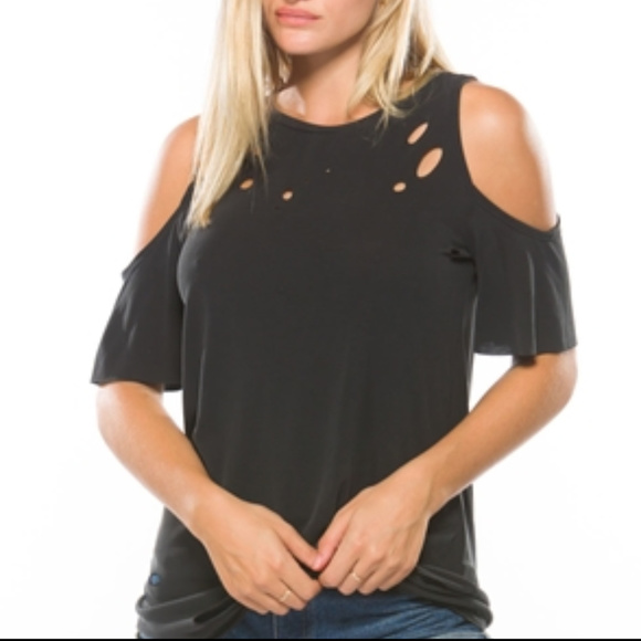 BLACK DISTRESSED COLD-SHOULDER TOP - Picture 2 of 4