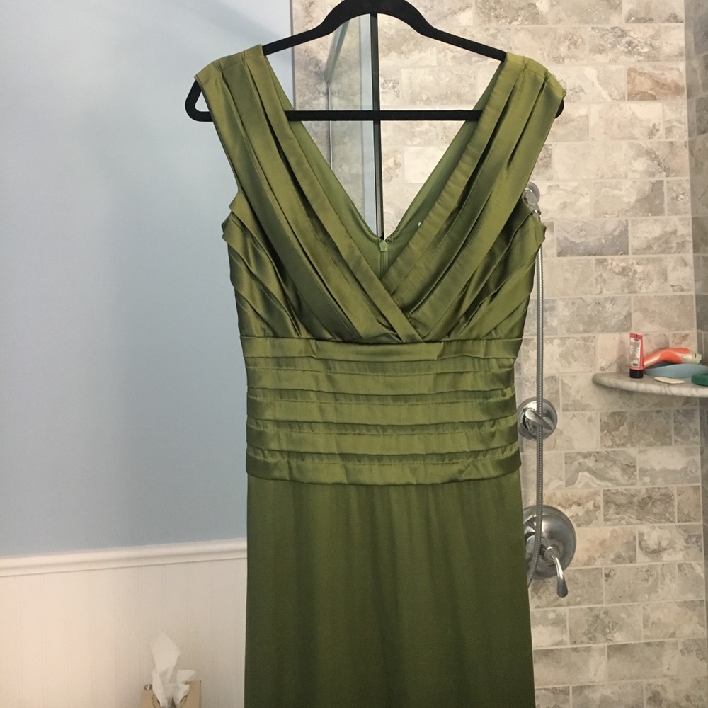 Olive green silk evening gown, size 6