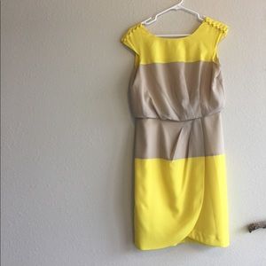 Yellow and beige wrap dress.