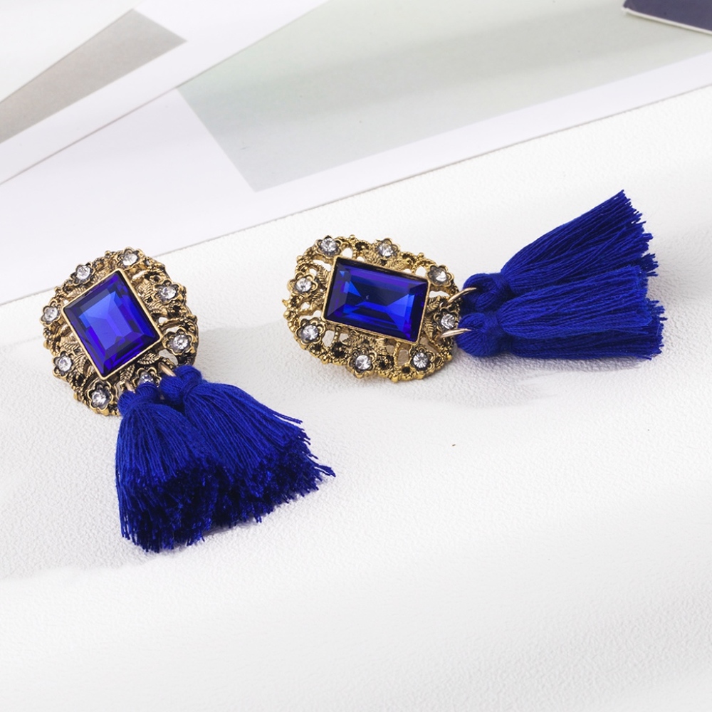 Blue Crystal Vintage Double Tassel Stud Earrings