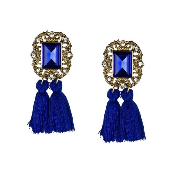 Blue Crystal Vintage Double Tassel Stud Earrings - Picture 2 of 2