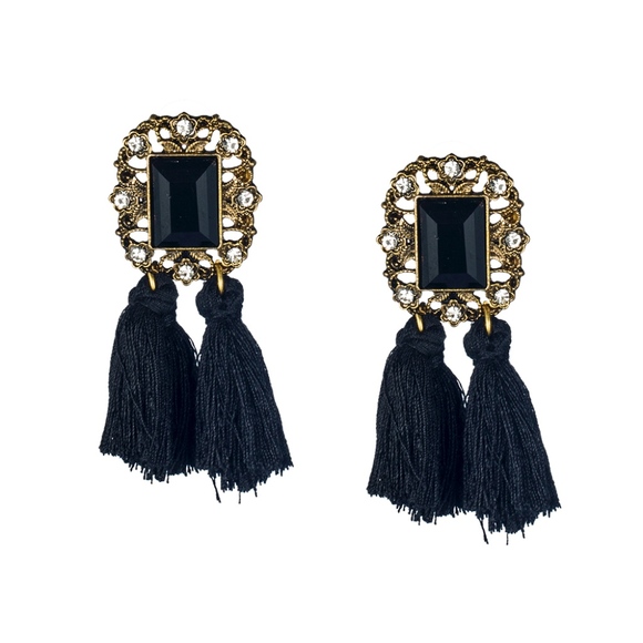 Black Crystal Vintage Double Tassel Stud Earrings - Picture 2 of 6