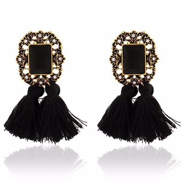Black Crystal Vintage Double Tassel Stud Earrings - Picture 3 of 6