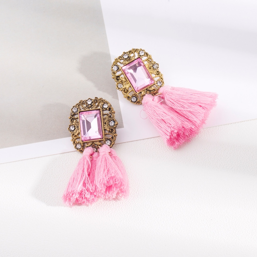 Pink Crystal Vintage Double Tassel Stud Earrings