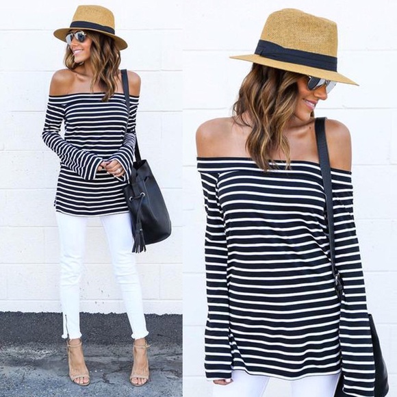 fairlygirly Tops - Bell Sleeve Off Shoulder Side Slit Striped Top