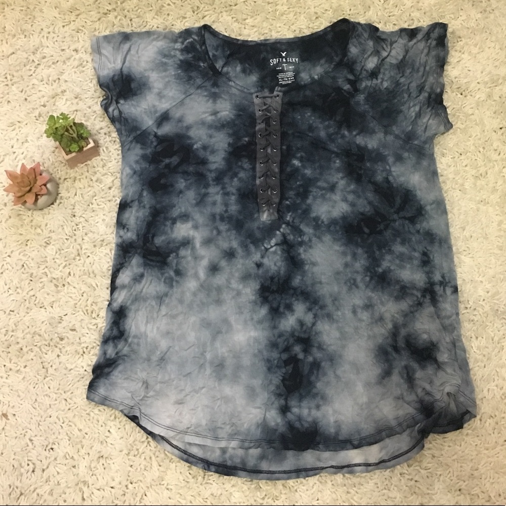 American Eagle Blue Tie Dye Tee with Lace up NWOT