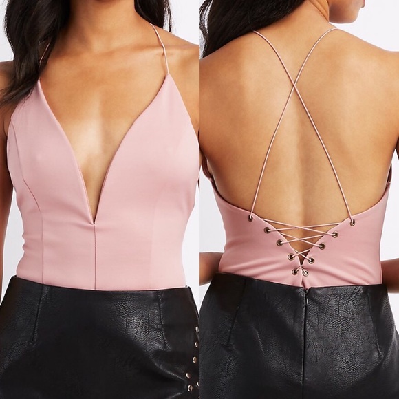 Tops - SALE! Blush Notched Lace-Up Back Plunging Bodysuit