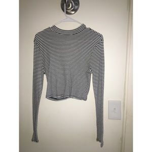 Black and White Striped High Neck Crop Top