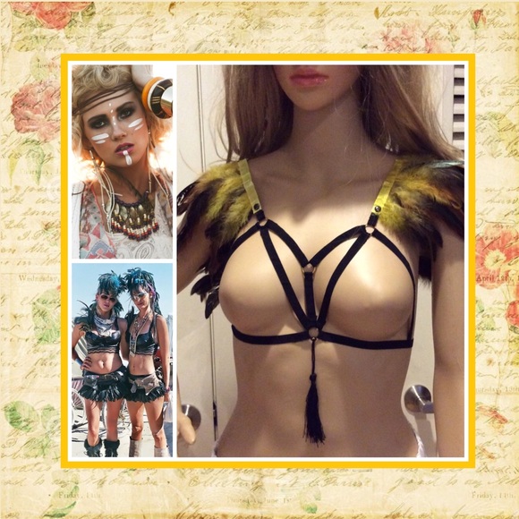 🎀 3PC: FEATHER BRA NECKLACE & CLIP BOHO CHIC BOHEMIAN HARNESS COVER FESTIVAL - Picture 7 of 7