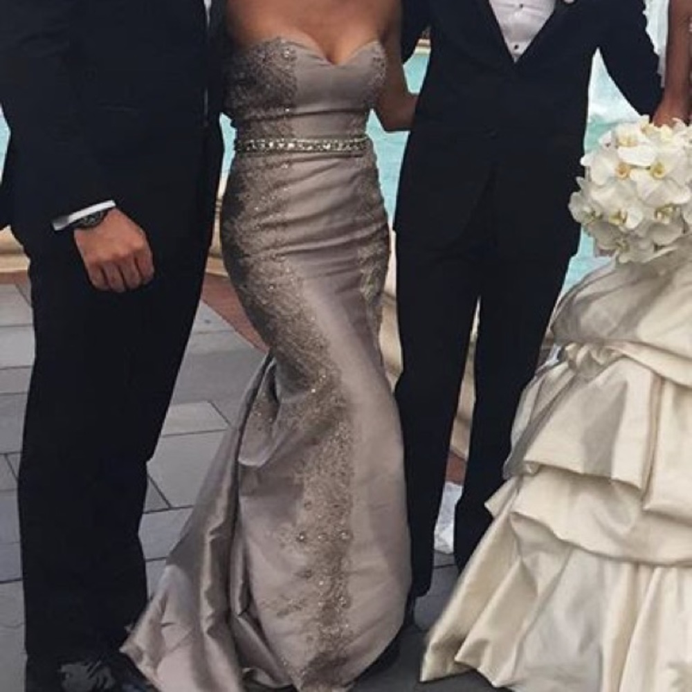 Great strapless lace and beaded belted gown