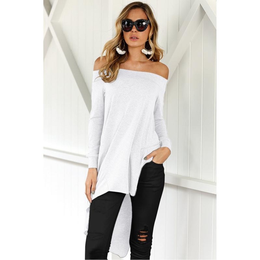 Long Sleeve Off Shoulder High Low Asymmetrical Top - Picture 2 of 4
