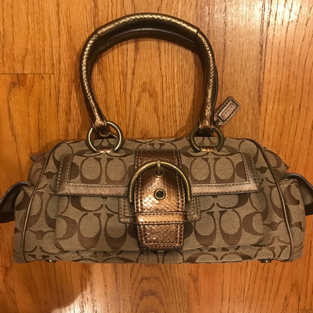 Gold coach bag with animal skin trimmings