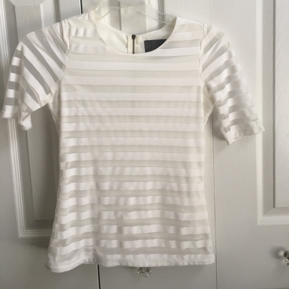 White striped t-shirt with sheer sleeves
