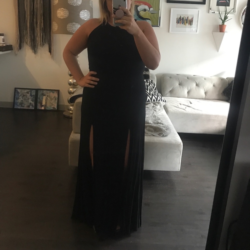 Double slit jersey black dress
