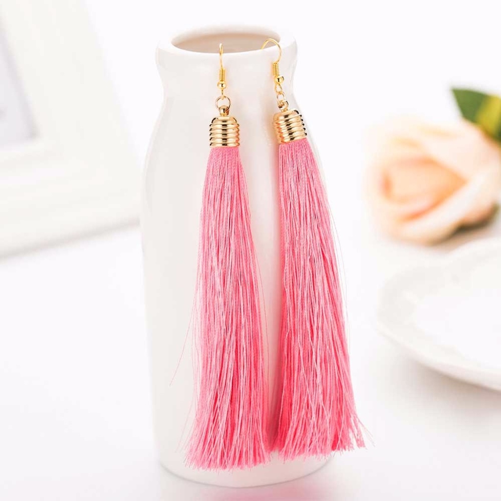 Vibrant Pink Drop Tassel Earrings