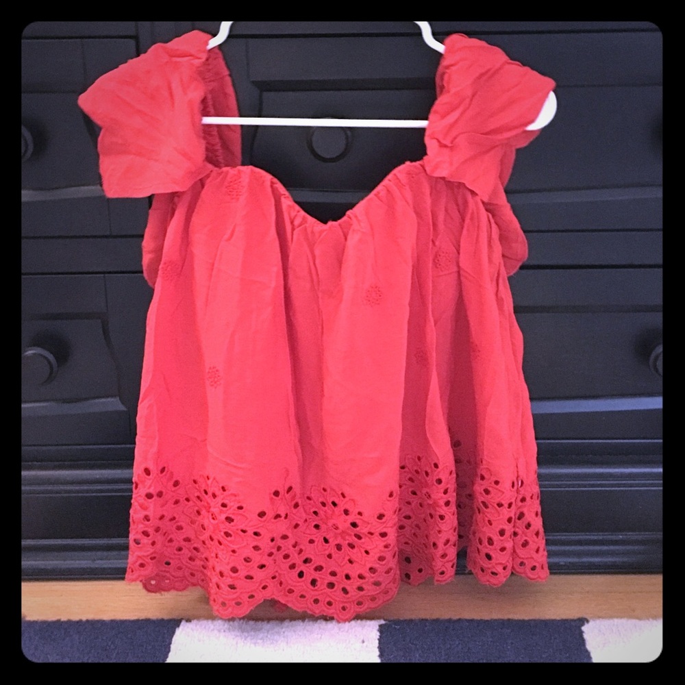 Red eyelet off the shoulder top