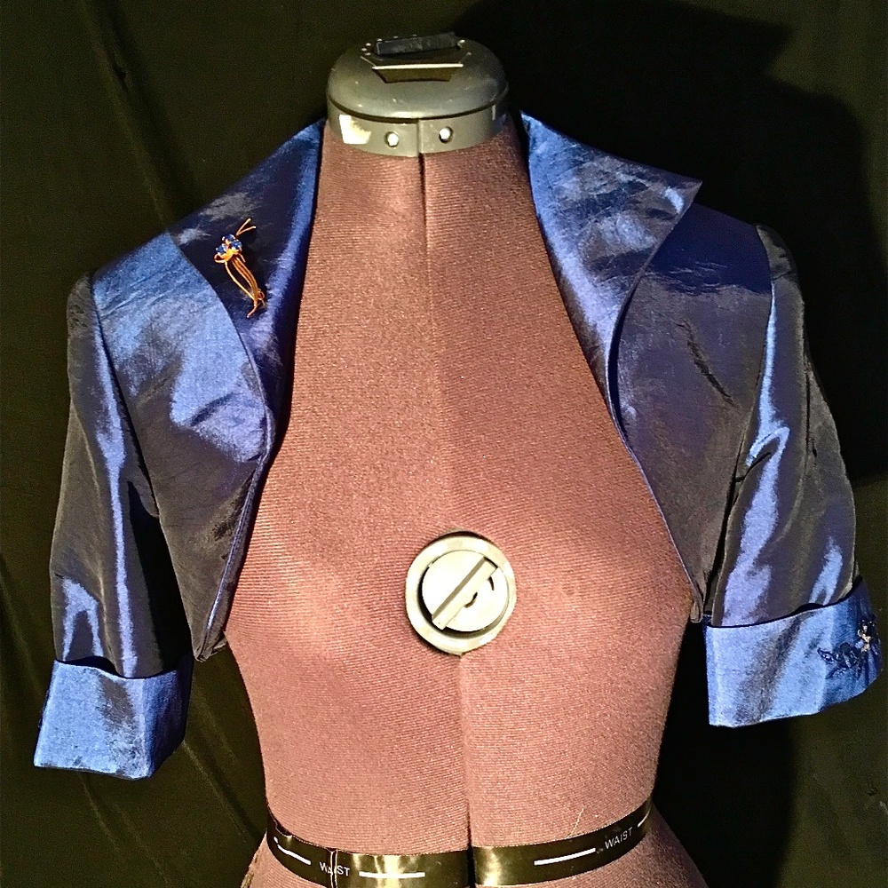NAVY BLUE BOLERO w/ SPARKLE SLEEVES & GOLD BROOCH