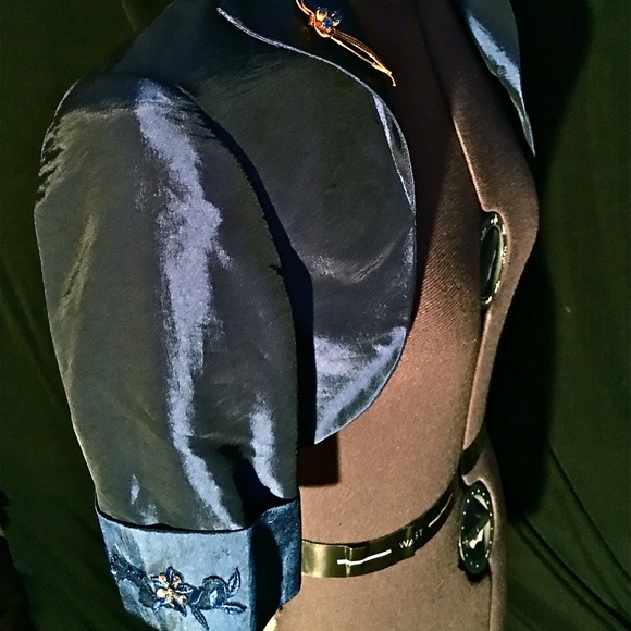 NAVY BLUE BOLERO w/ SPARKLE SLEEVES & GOLD BROOCH - Picture 2 of 5