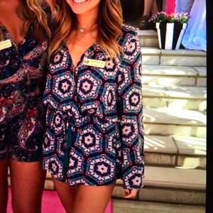 Teal and pink patterned romper