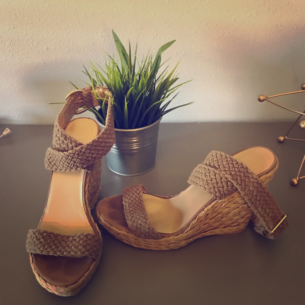 Stuart Weitzman - 5" Tan Crochet Wedge Sandal