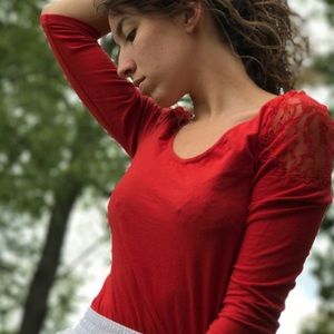 H&M Red Lace Shouldered Half Sleeve Top