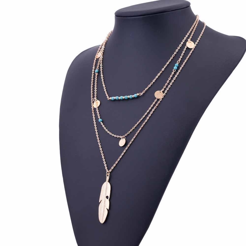 Triple Layer Gold Turquoise Feather Gold Necklace - Picture 3 of 4