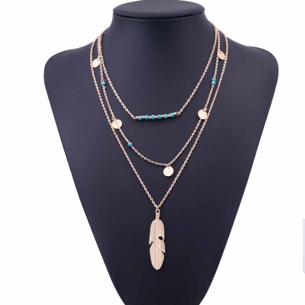 Triple Layer Gold Turquoise Feather Gold Necklace - Picture 2 of 4