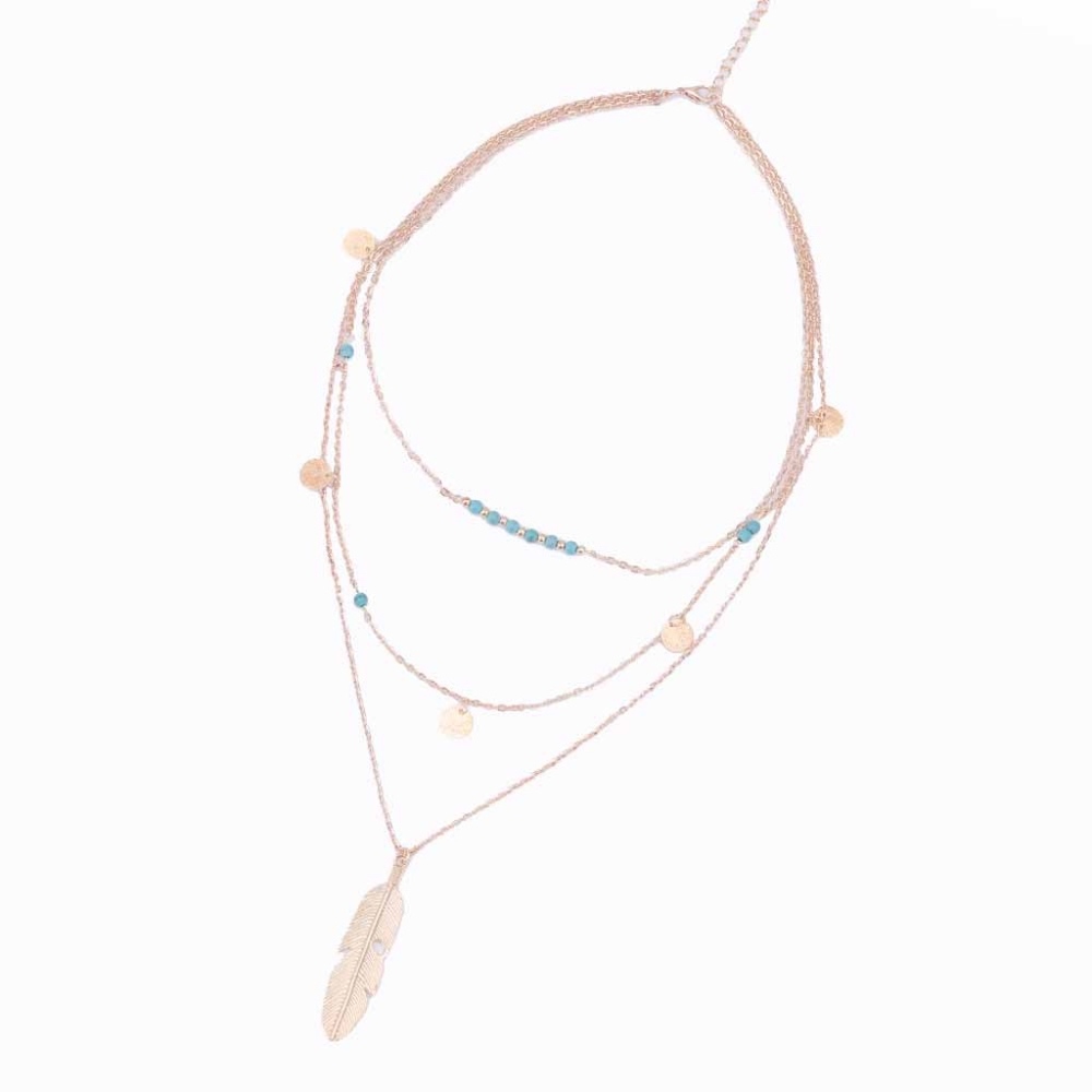 Triple Layer Gold Turquoise Feather Gold Necklace - Picture 4 of 4
