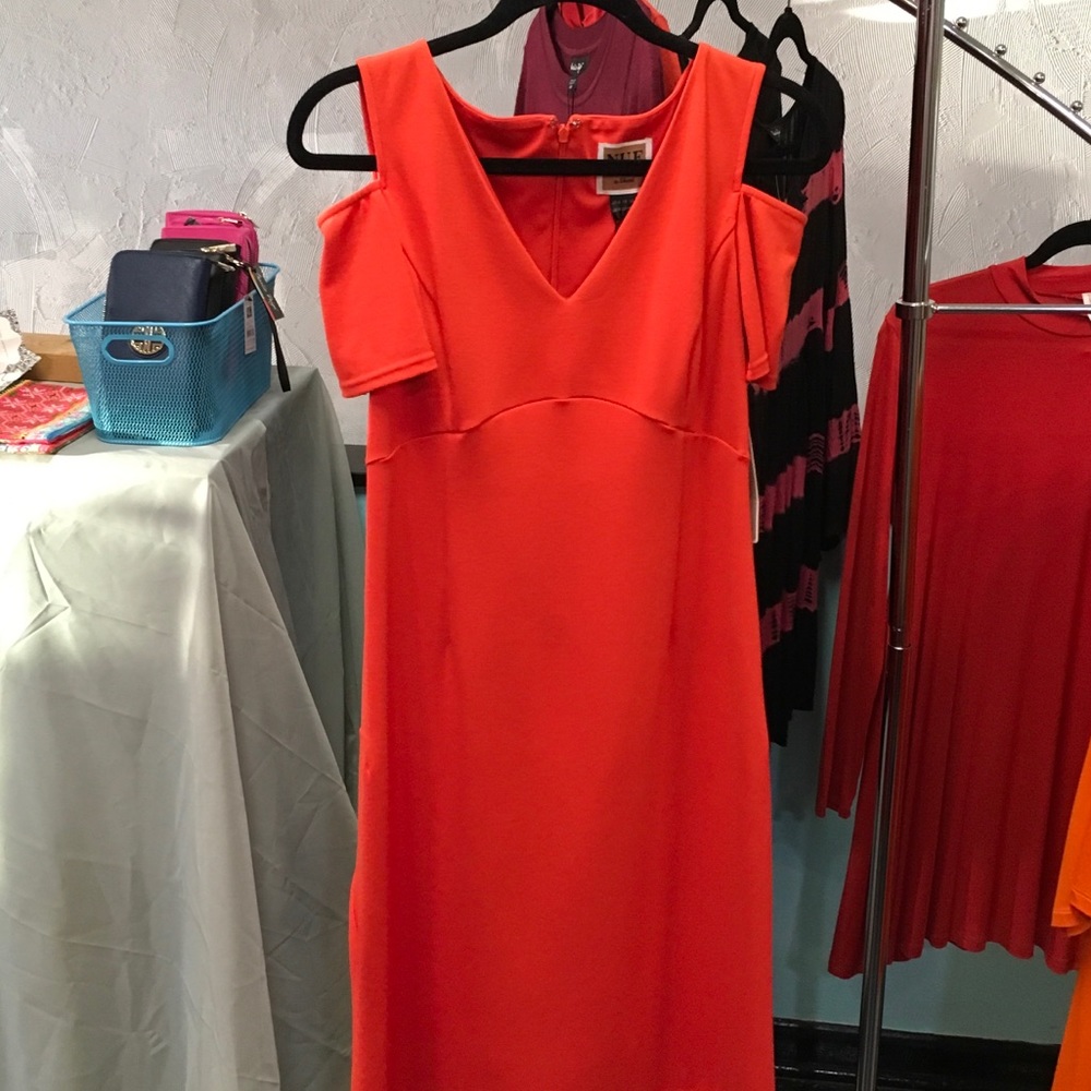 Orange red attached off shoulder dress