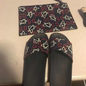 Gucci slides and Gucci Pouch