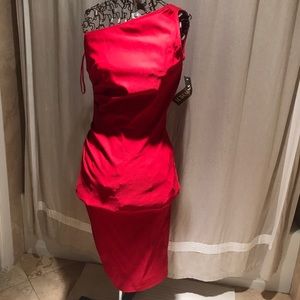 red, one shouldered, pencil dress
