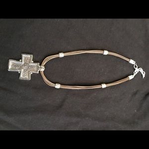 Leather strand necklace with cross pendant