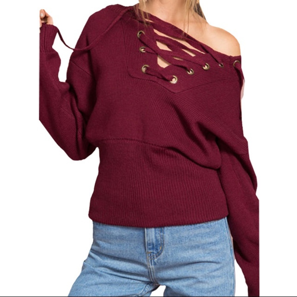 Lace Up Sweater Wine Red