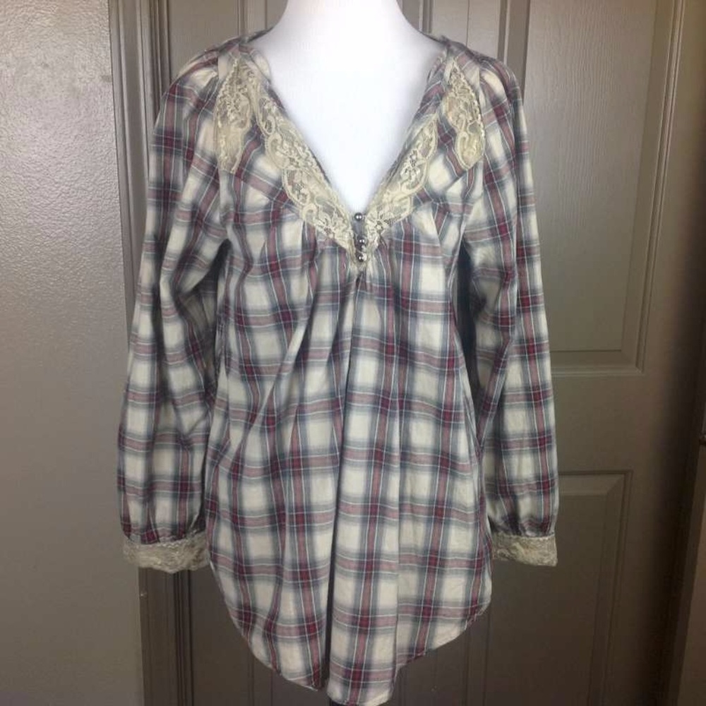 Prototype Top Small Prairie Plaid Lace Blouse